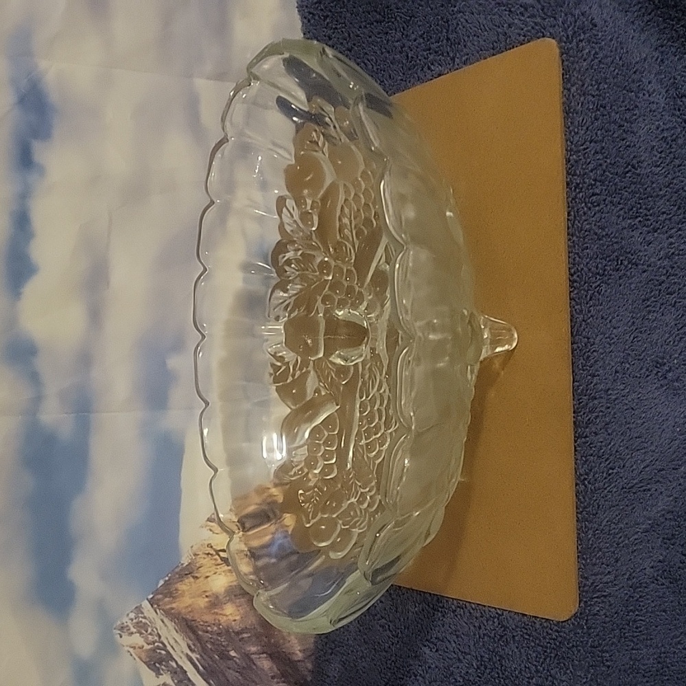 Indiana Glass Harvest Grapes pattern clear oval footed bowl vintage.